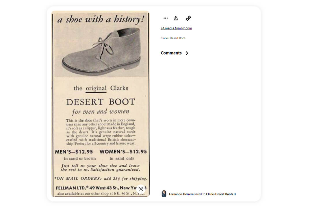 screenshot from Pinterest of information showing the history of Clarks Desert Boots