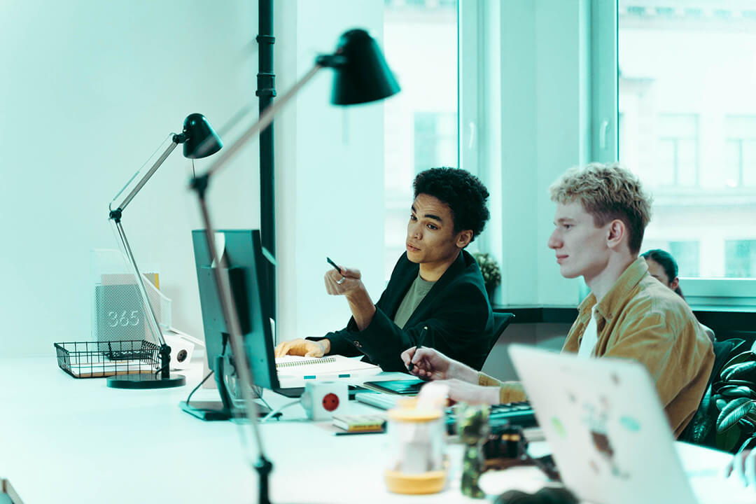 two IT employees working with their computer screens